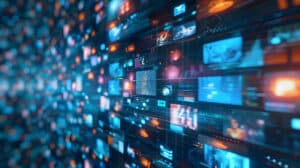 The concept of digital content a social network service stream | LAW FIRM CHANGE CONSULTANTS | LAW FIRM CHANGE CONSULTANTS Futuristic data wall with numerous small screens and glowing icons in blue and orange hues.
