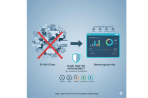 Legal Matter Management Vom E-Mail-Chaos zur Steuerungszentrale | LAW FIRM CHANGE CONSULTANTS | LAW FIRM CHANGE CONSULTANTS Infografik: E-Mail-Chaos wird durch Legal Matter Management gelöst; Dashboard-Elemente und Symbolshield zeigen Sicherheit und Überblick.