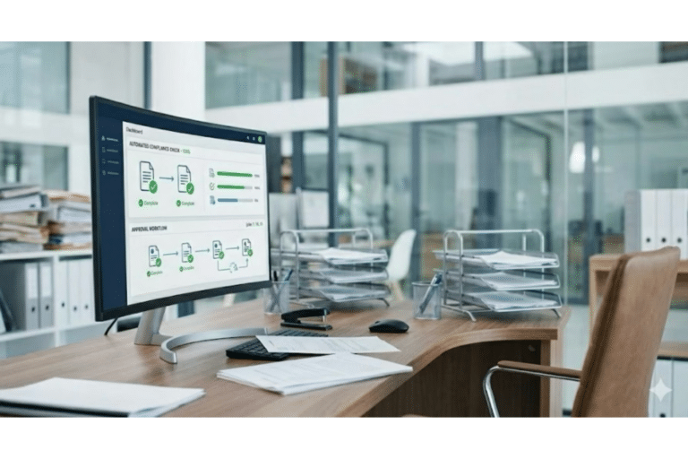 Office desk with curved monitor displaying diagrams and papers in a modern glass-walled office.